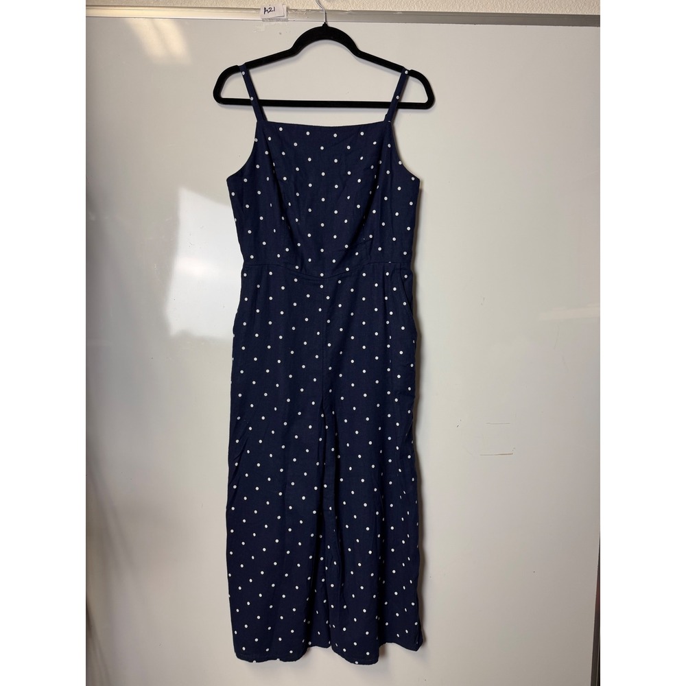 Old Navy Polka Dot Linen Blend Jumpsuit Navy Blue White Wide Leg Smocked Back M